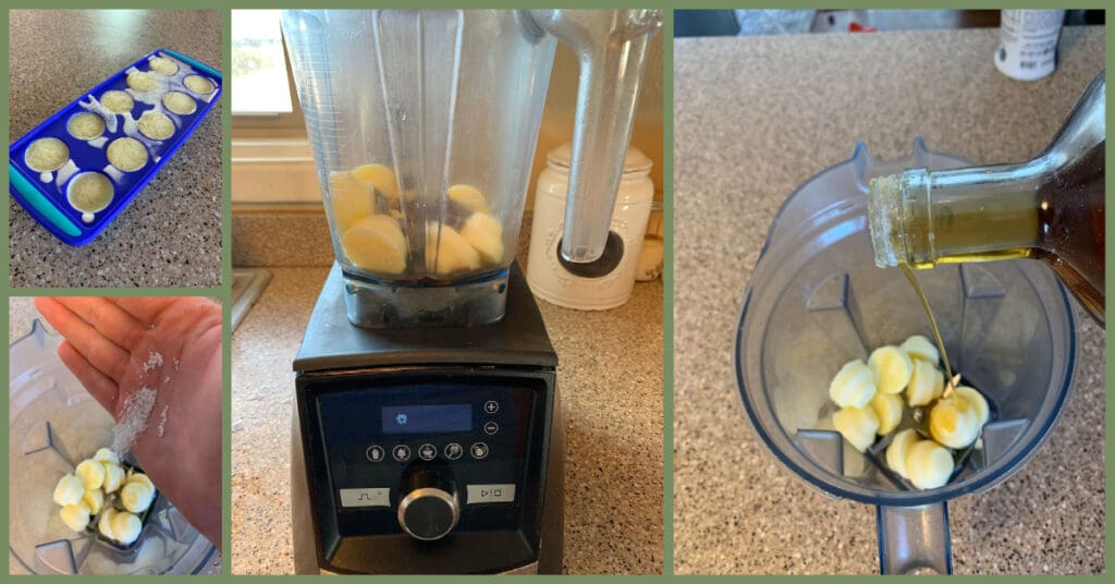 Photo compilation of an ice cube tray and blender for making homemade ice cream from frozen raw Jersey cow milk. 