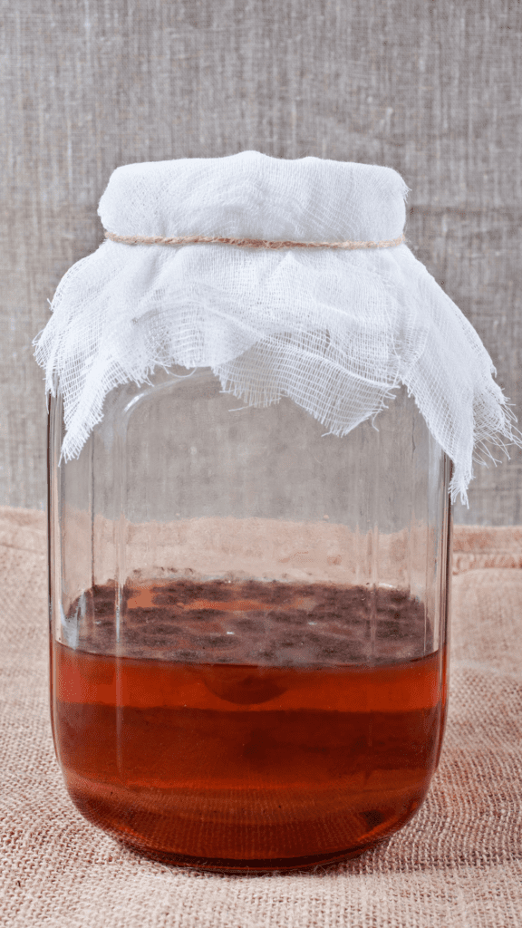 A jar with mold growing on top of homemade kombucha . 