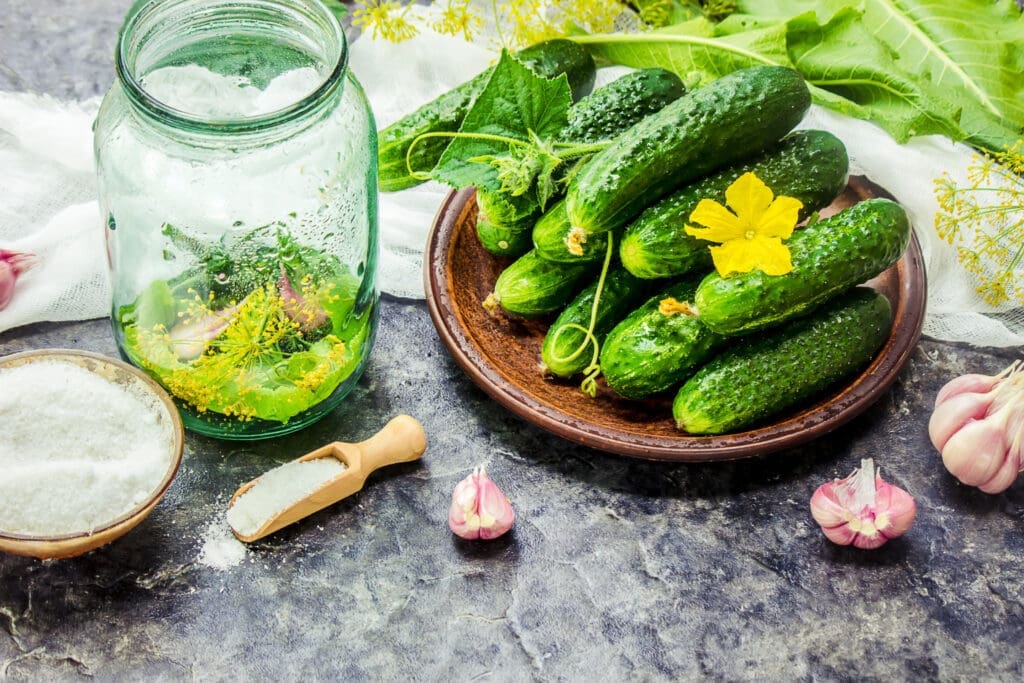 A plate full of pickling cucumbers sits next to a canning jar and some other ingredients for making pickles. 